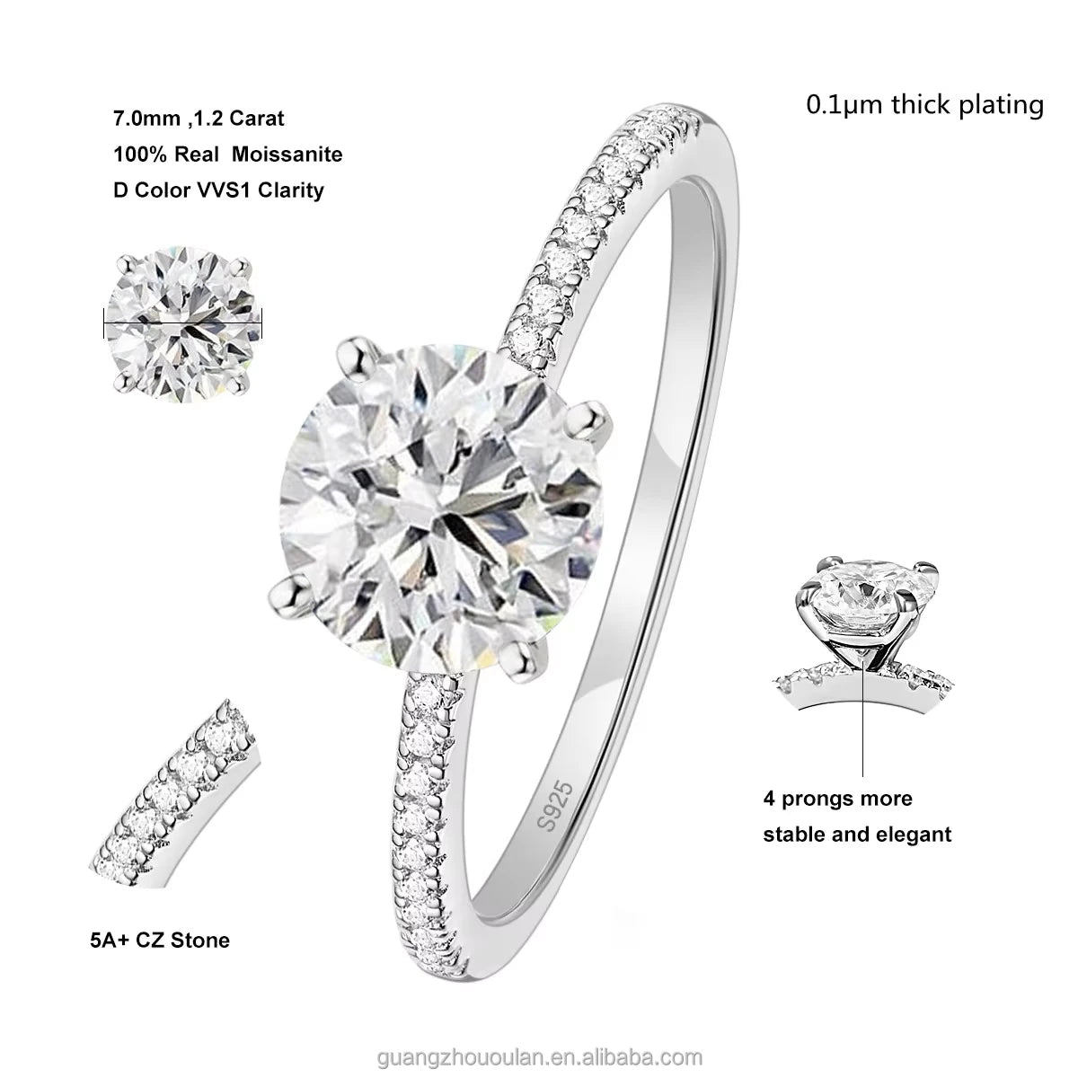 Women’s S925 Sterling Silver 1.2CT Moissanite Engagement Ring | D Color VVS1 Wedding Band with Certificate – Roshara
